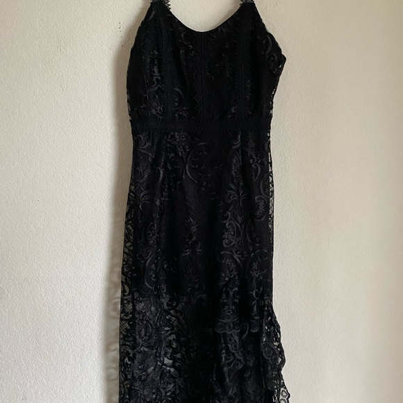 Reveuse Ruffle Hem Black Crochet Lace Semi sheer Coquette Goth Midi Sexy Dress L - Picture 3 of 13